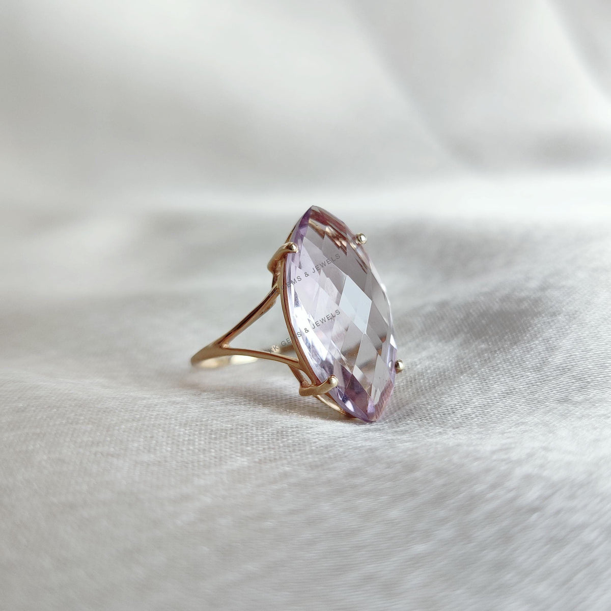 14K Solid Gold Natural Pink Amethyst Ring, Marquise February Birthstone