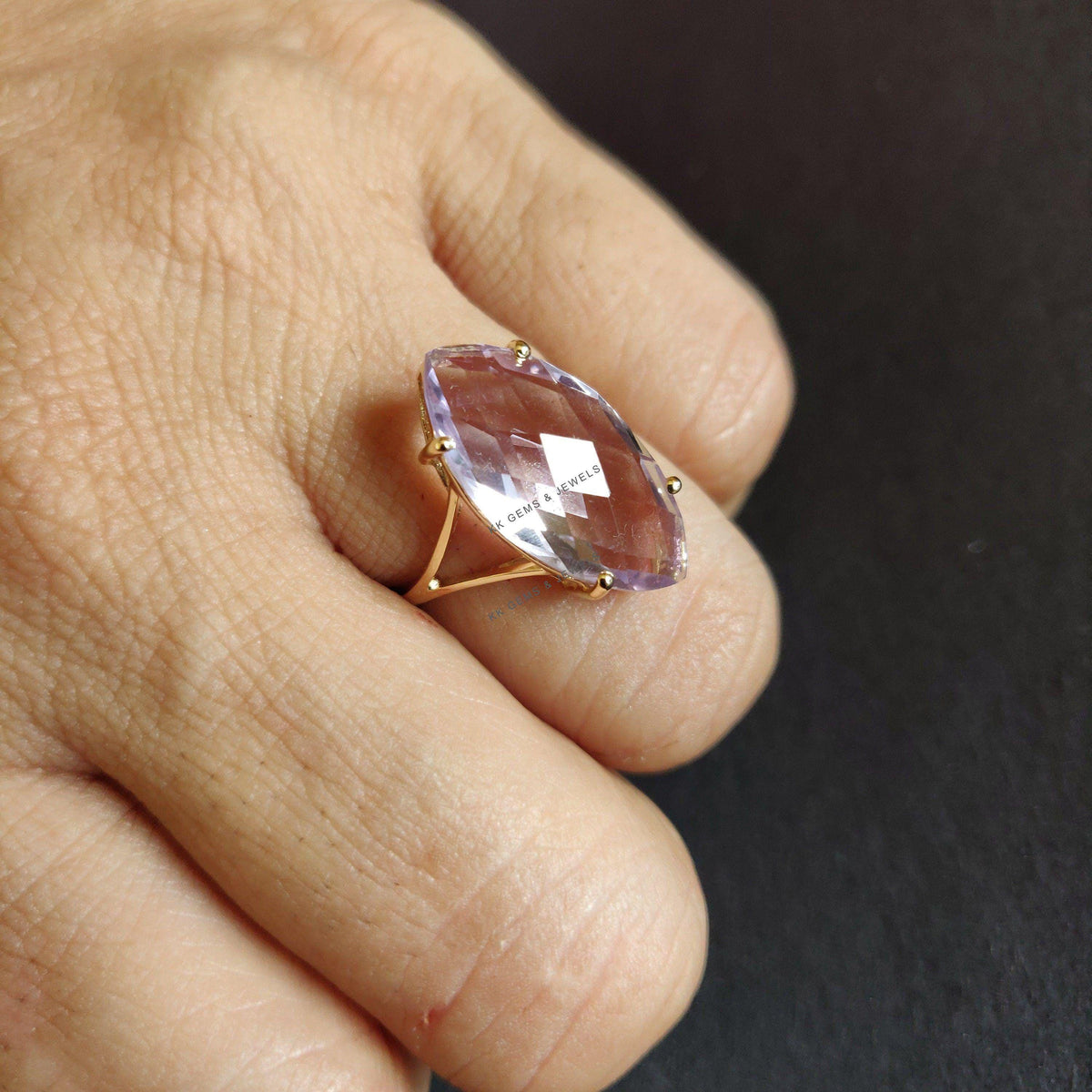 14K Solid Gold Natural Pink Amethyst Ring, Marquise February Birthstone