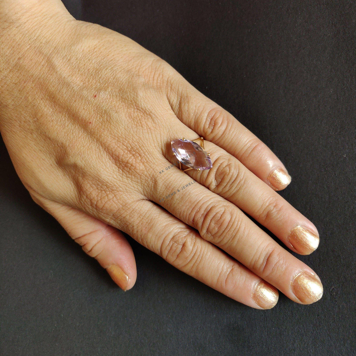 14K Solid Gold Natural Pink Amethyst Ring, Marquise February Birthstone