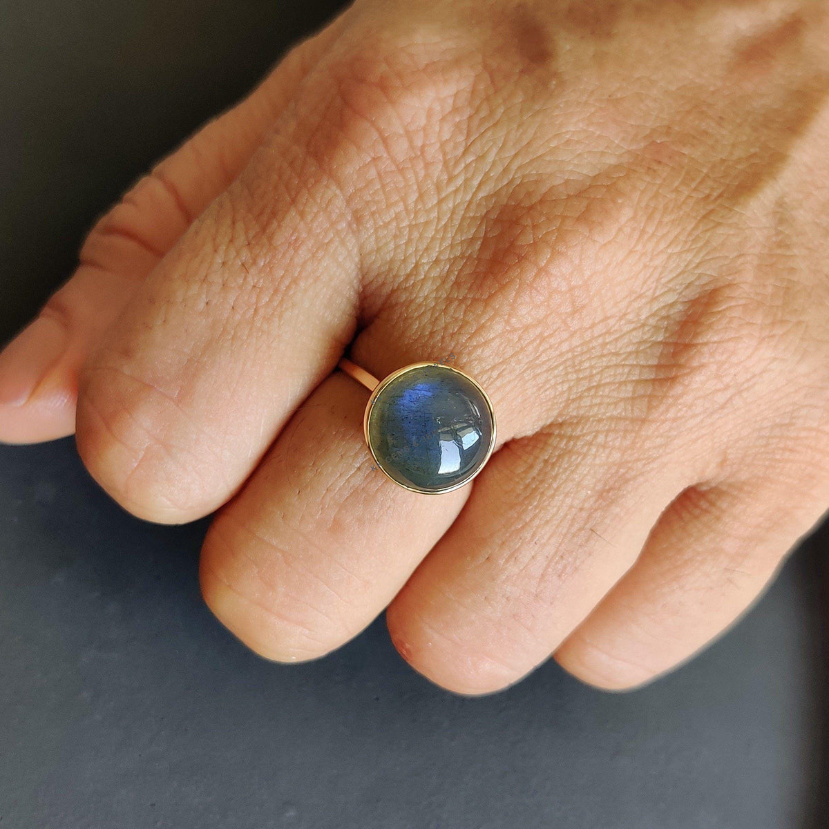 14K Solid Yellow Gold Natural Labradorite Ring: November Birthstone