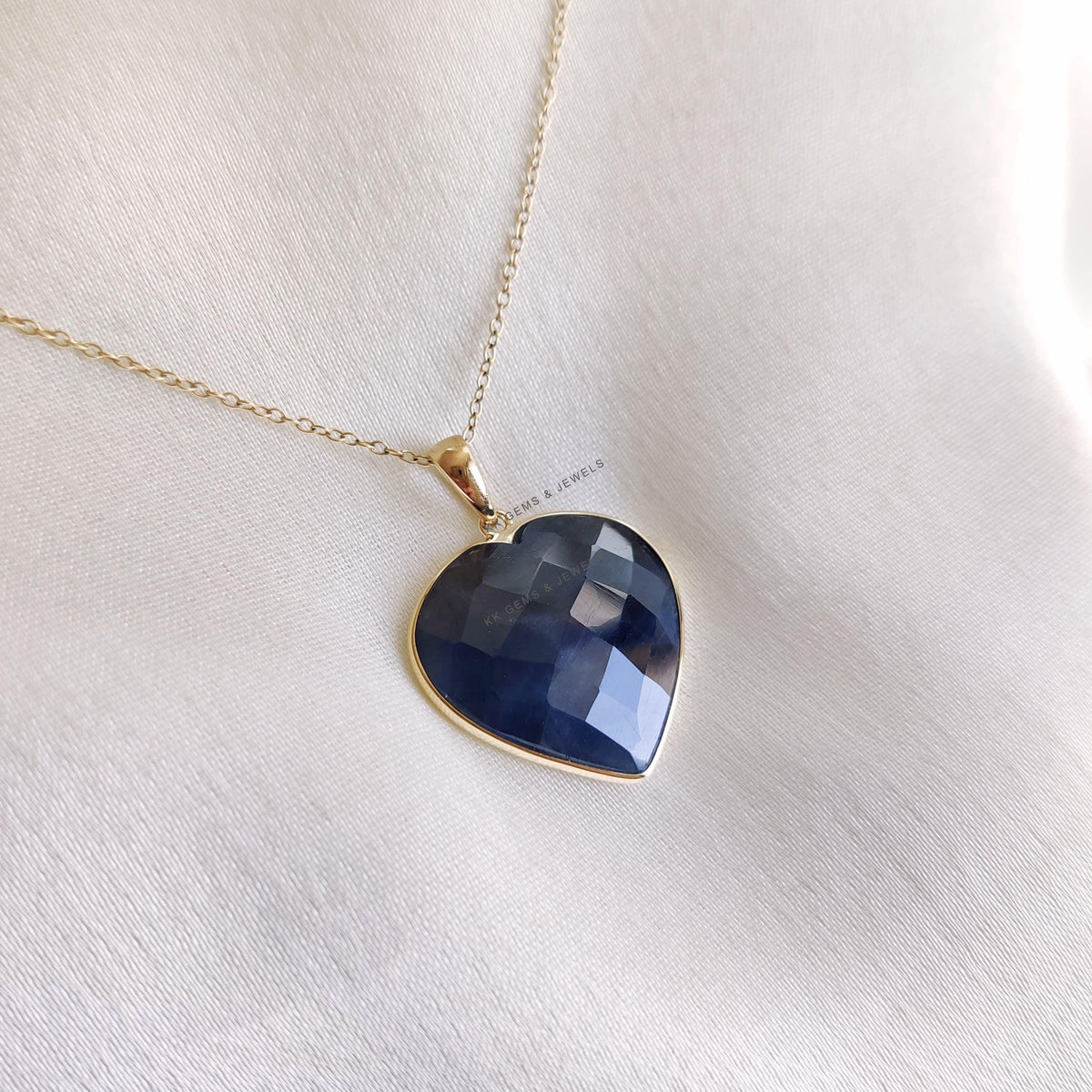 14K Solid Gold Natural Blue Sapphire Heart Pendant - September Birthstone