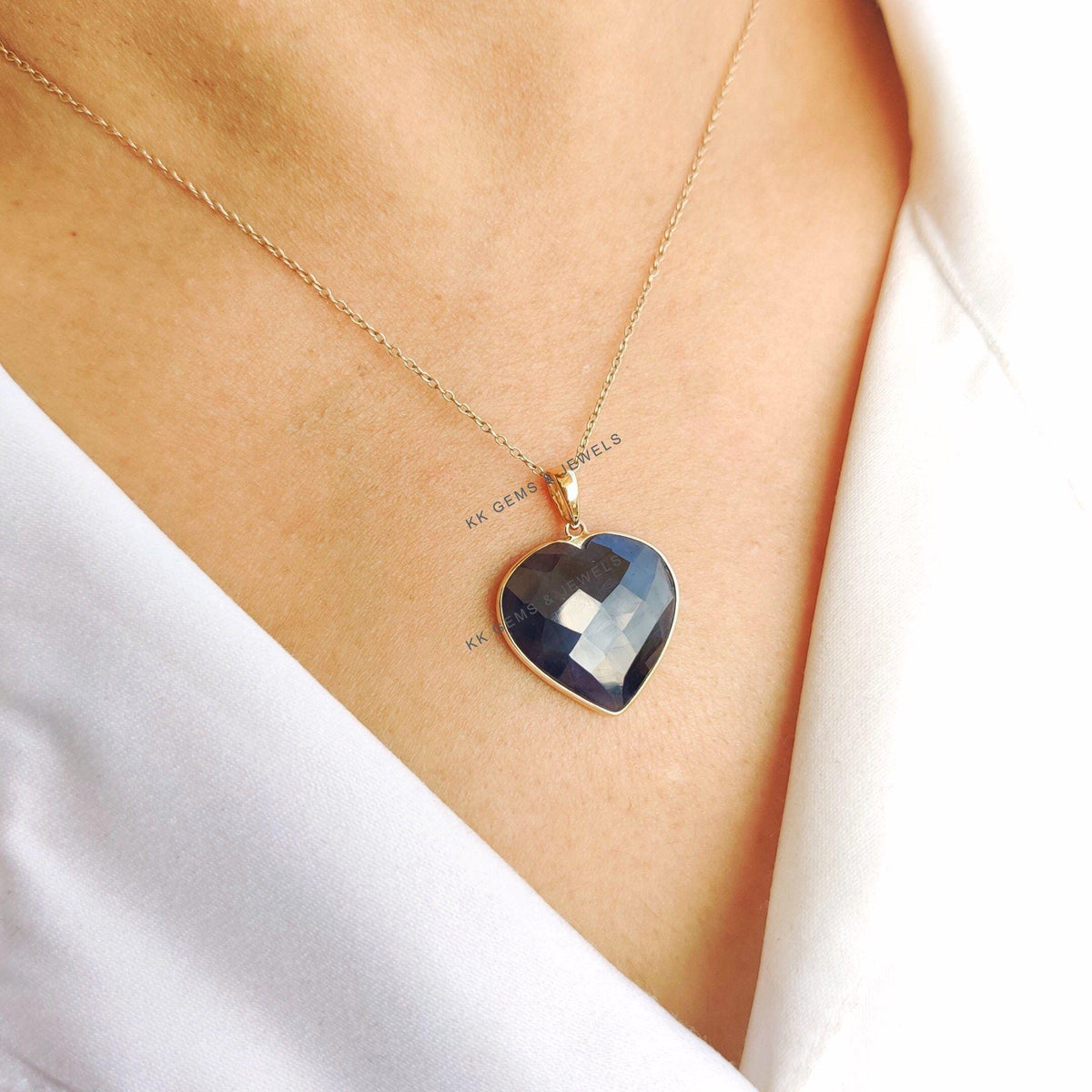 14K Solid Gold Natural Blue Sapphire Heart Pendant - September Birthstone
