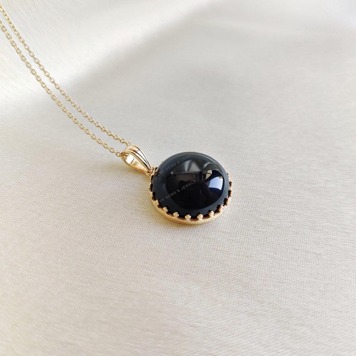 14K Solid Yellow Gold Natural Black Onyx Pendant, December Birthstone