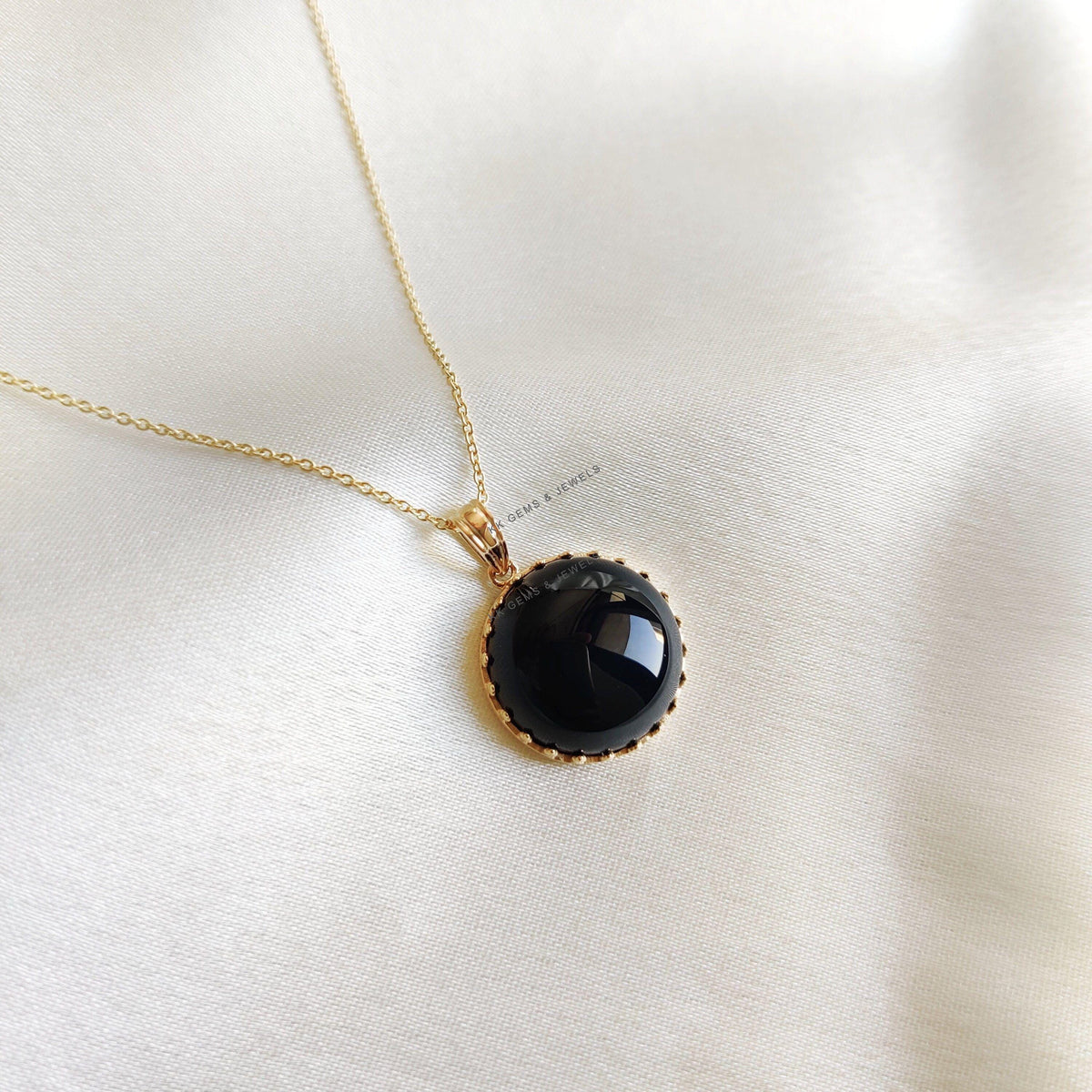 14K Solid Yellow Gold Natural Black Onyx Pendant, December Birthstone