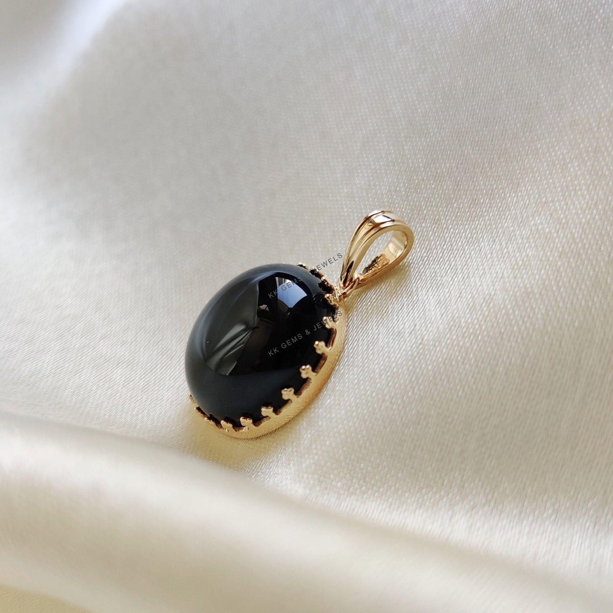 14K Solid Yellow Gold Natural Black Onyx Pendant, December Birthstone