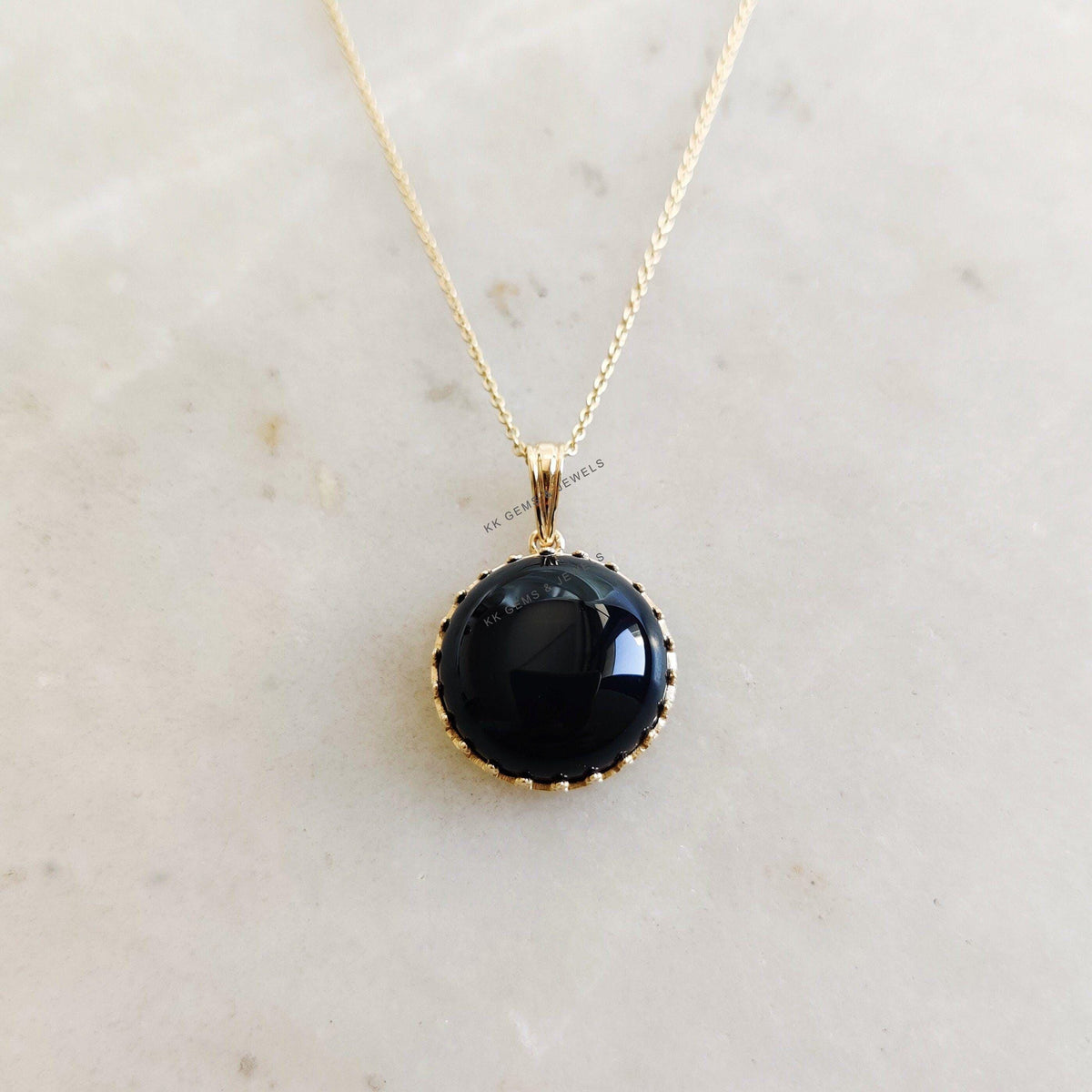 14K Solid Yellow Gold Natural Black Onyx Pendant, December Birthstone