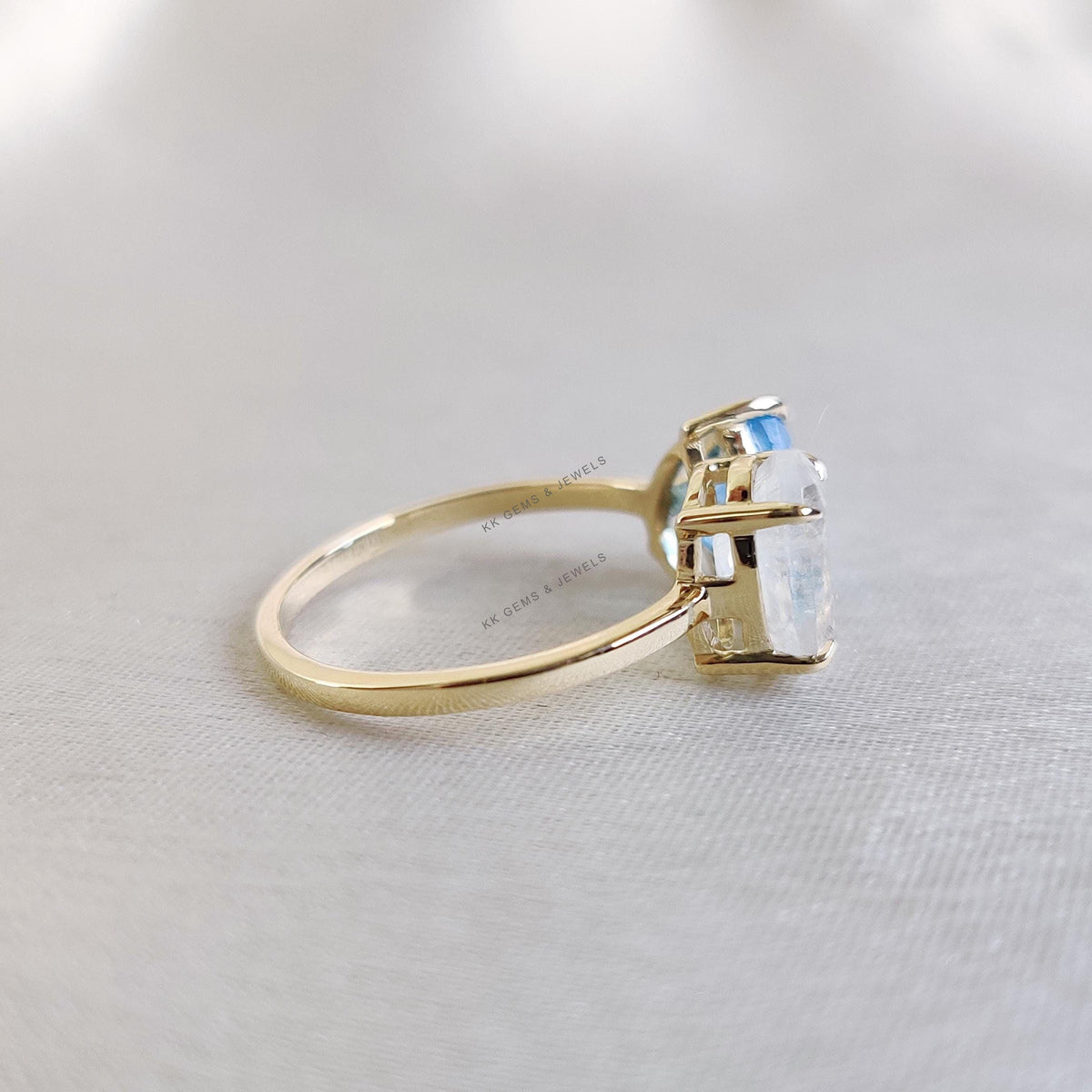 Natural Swiss Blue Topaz & Rainbow Moonstone Ring, 14K Solid Yellow Gold Ring