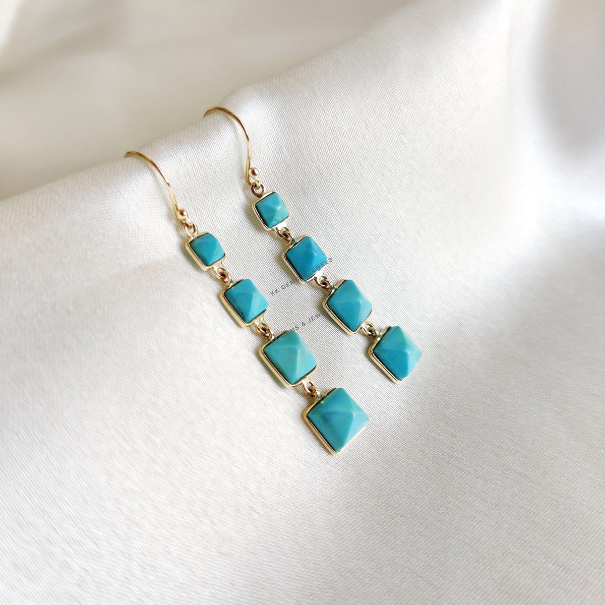 14K Solid Yellow Gold Natural Sleeping Beauty Turquoise Drop Earrings, December Birthstone