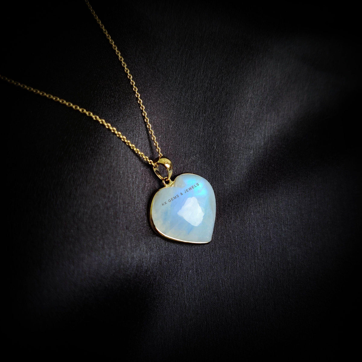 14K Solid Yellow Gold Natural Rainbow Moonstone Heart Pendant - June Birthstone