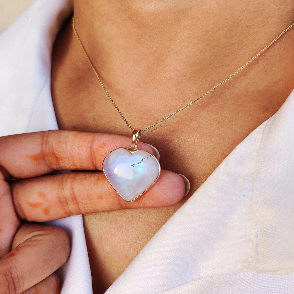 14K Solid Yellow Gold Natural Rainbow Moonstone Heart Pendant - June Birthstone