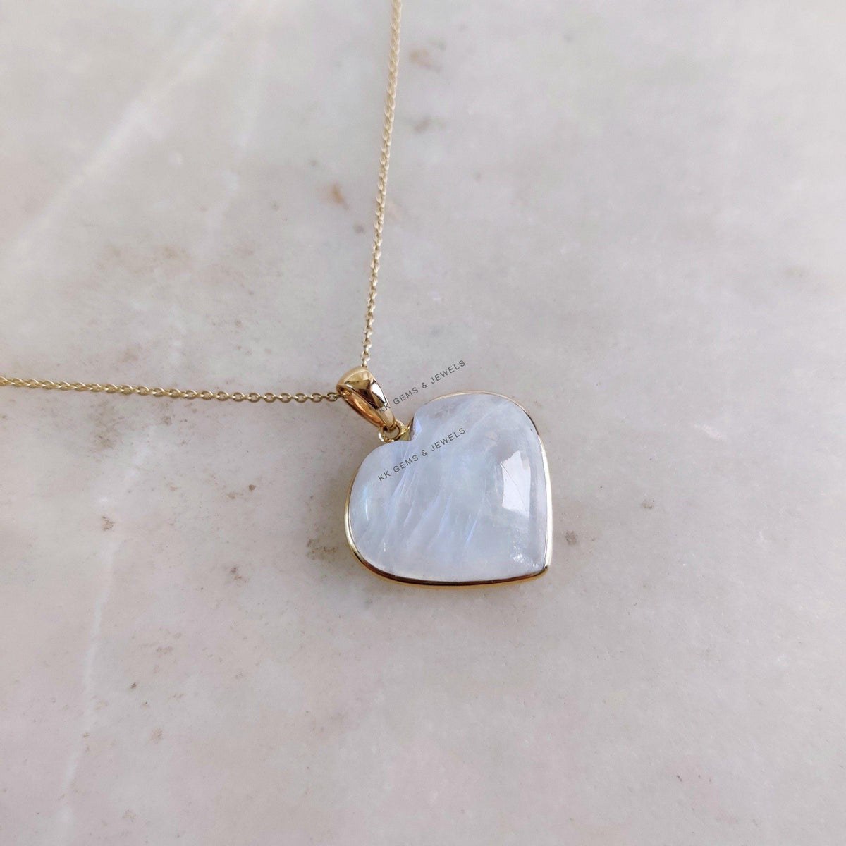 14K Solid Yellow Gold Natural Rainbow Moonstone Heart Pendant - June Birthstone