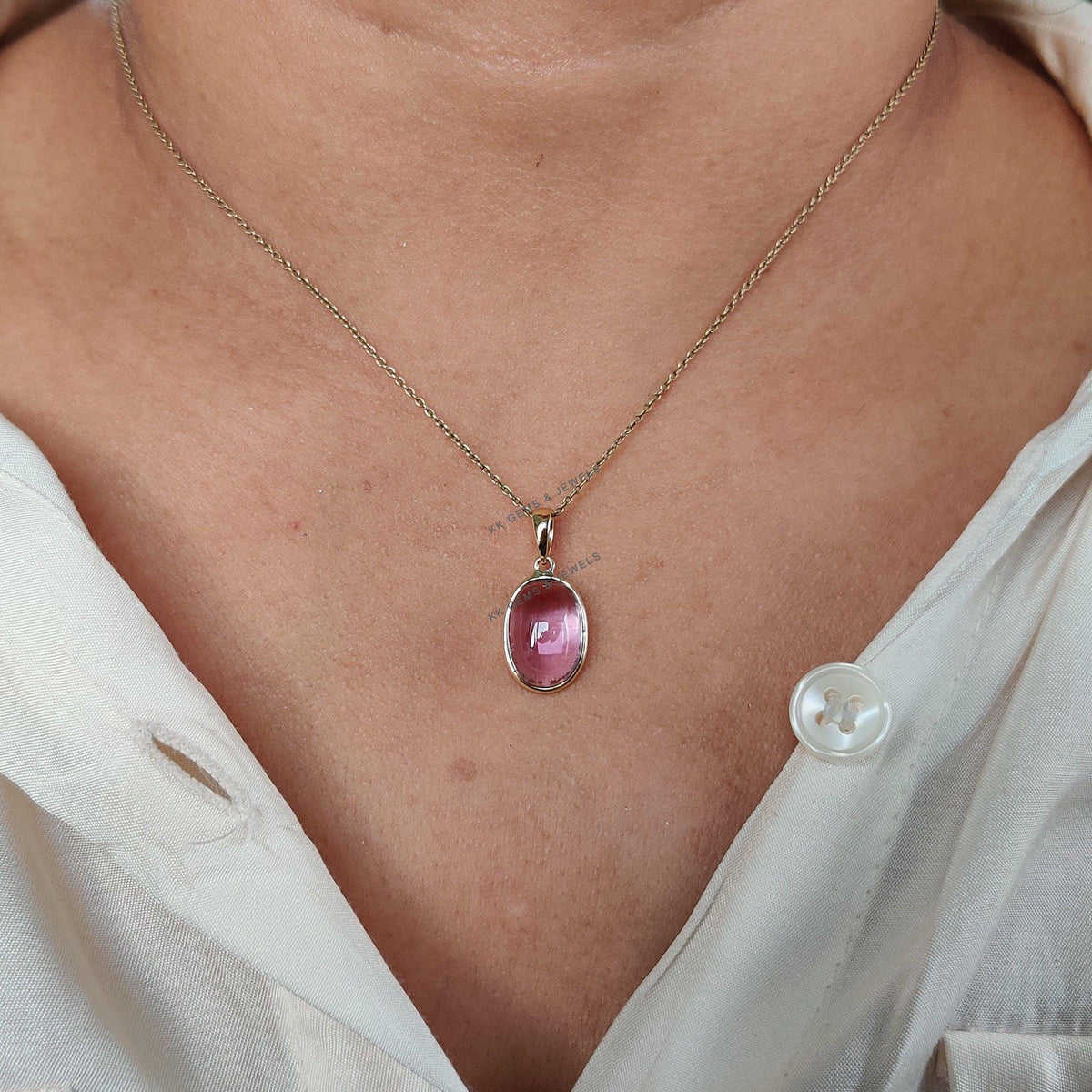 14K Solid Yellow Gold Natural Kunzite Pendant: Oval Cabochon Bezel, February Birthstone