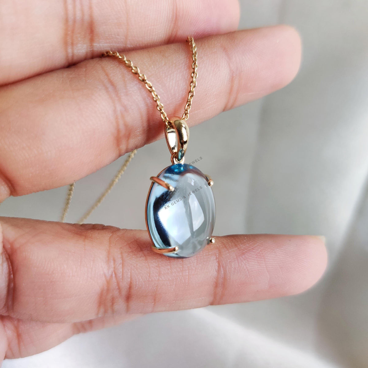 14K Solid Gold Natural Sky Blue Topaz Pendant: December Birthstone Jewelry