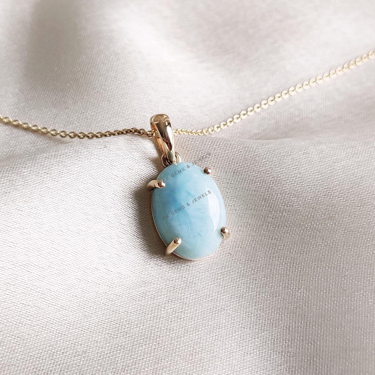 14K Solid Yellow Gold Natural Larimar Pendant: Oval Cabochon, March Birthstone