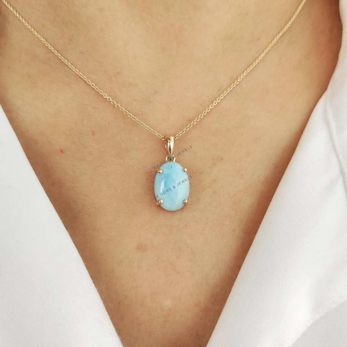 14K Solid Yellow Gold Natural Larimar Pendant: Oval Cabochon, March Birthstone