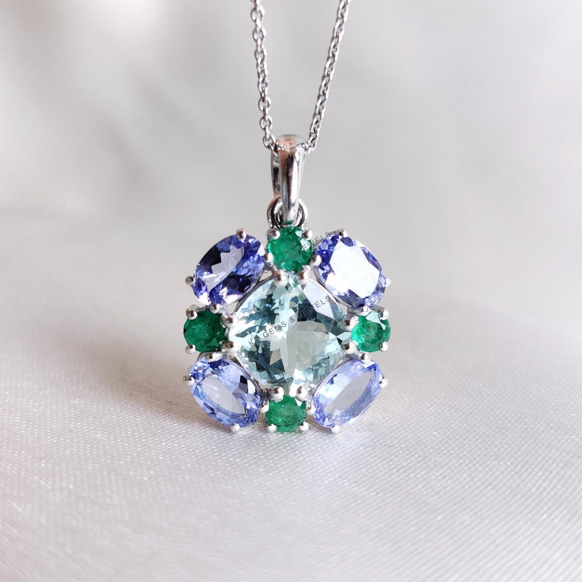 Natural Aquamarine & Tanzanite and Emerald Pendant, 14K Solid White Gold Multi stone Pendant