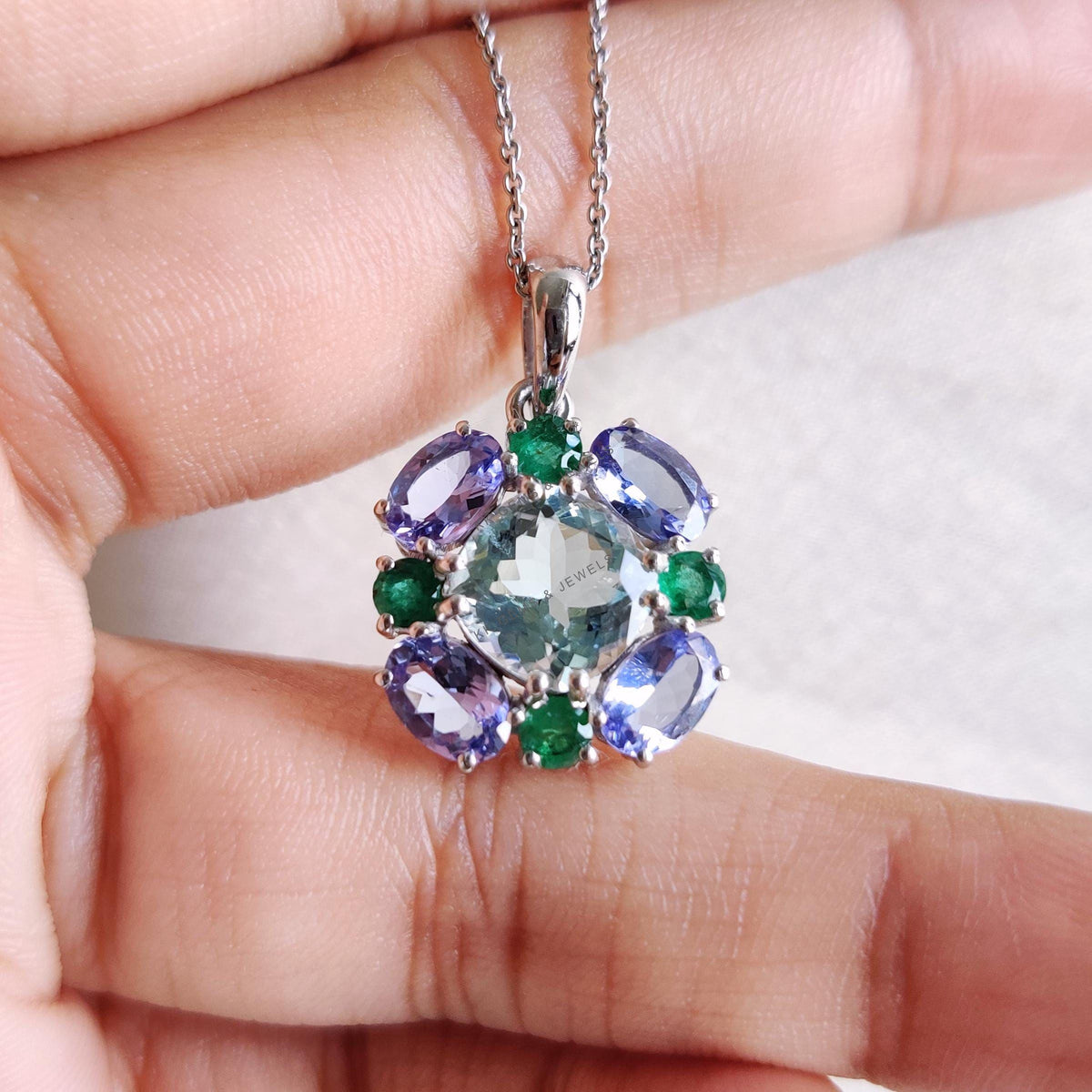 Natural Aquamarine & Tanzanite and Emerald Pendant, 14K Solid White Gold Multi stone Pendant
