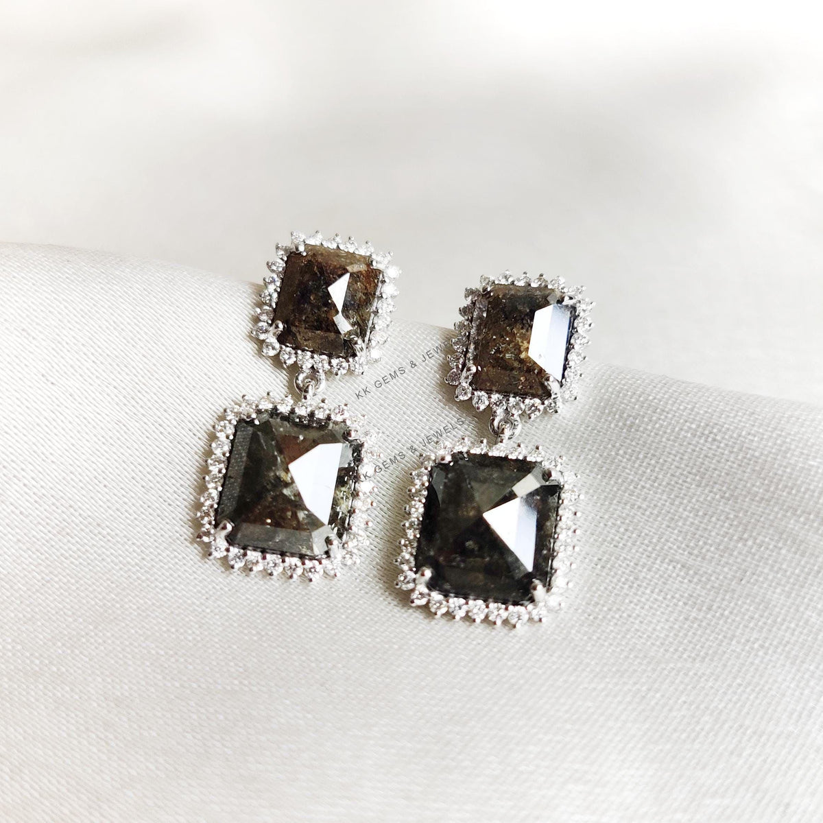 Natural Salt & Pepper Diamond Earrings, 14K Solid White Gold, Dangler Studs