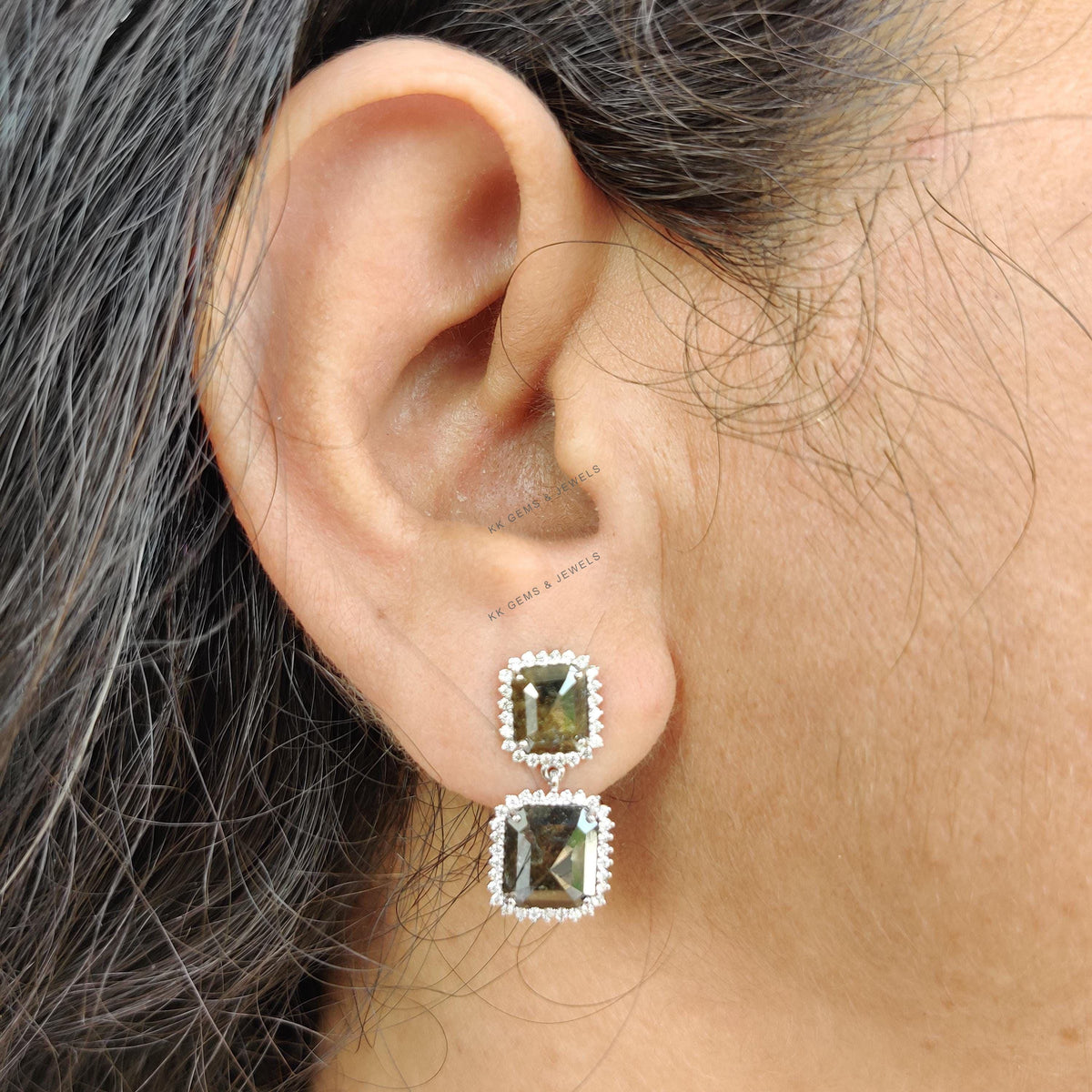 Natural Salt & Pepper Diamond Earrings, 14K Solid White Gold, Dangler Studs