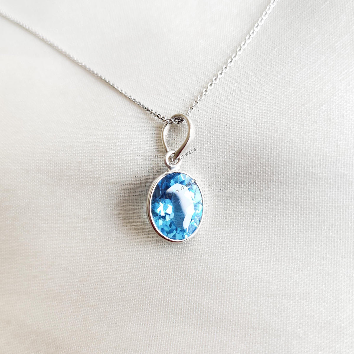 Natural Swiss Blue Topaz Pendant, 14K Solid White Gold, December Birthstone