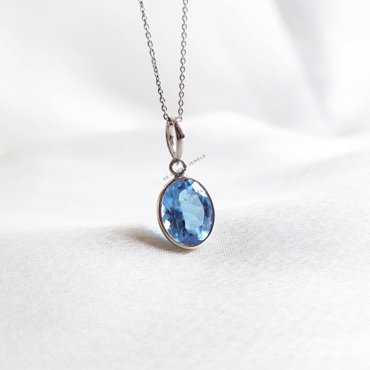 Natural Swiss Blue Topaz Pendant, 14K Solid White Gold, December Birthstone