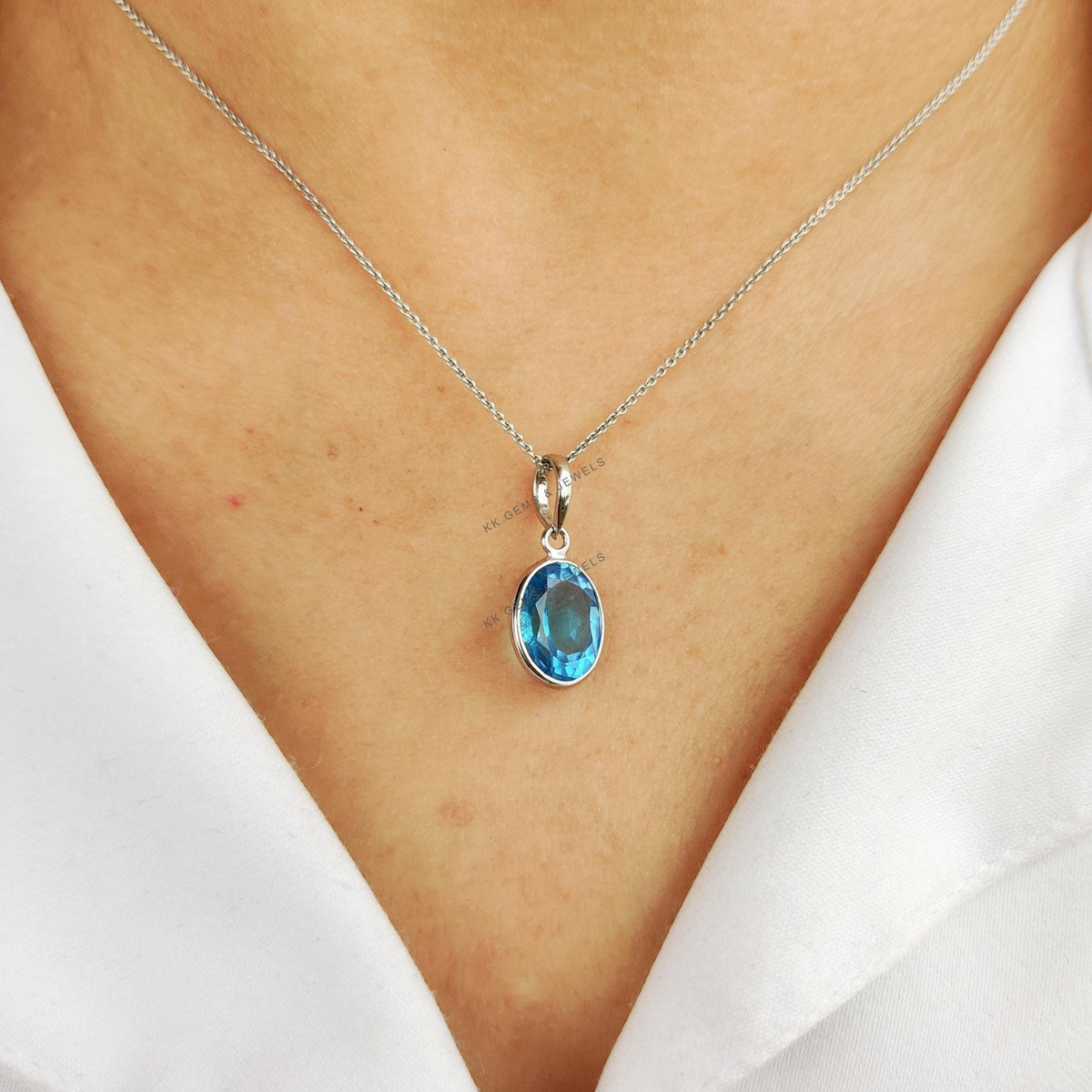 Natural Swiss Blue Topaz Pendant, 14K Solid White Gold, December Birthstone