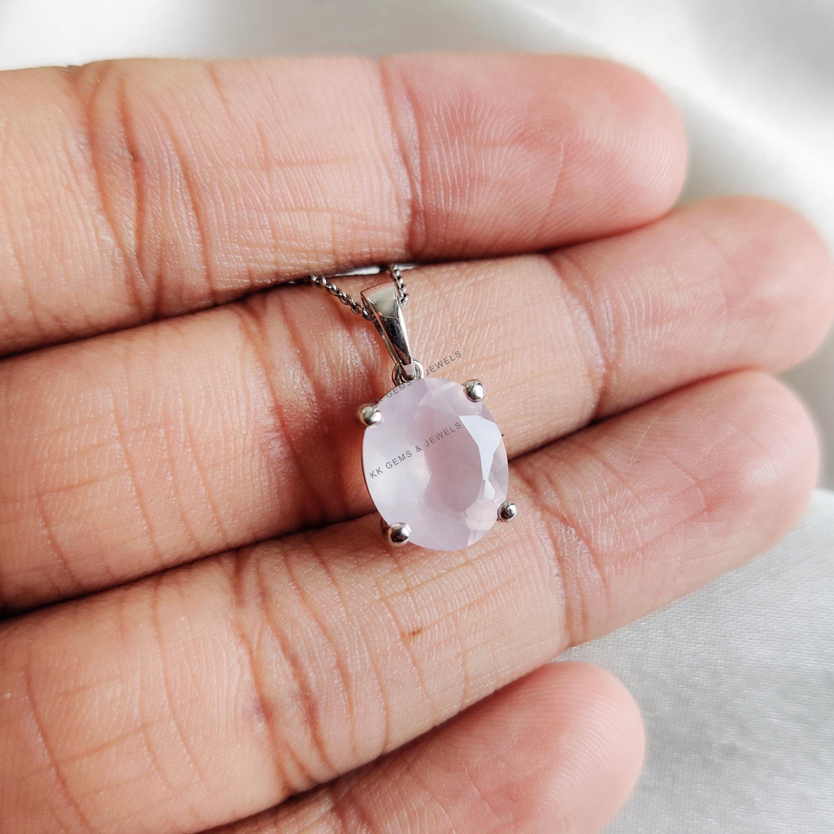 Natural Rose Quartz Pendant, 14K Solid White Gold, January Birthstone