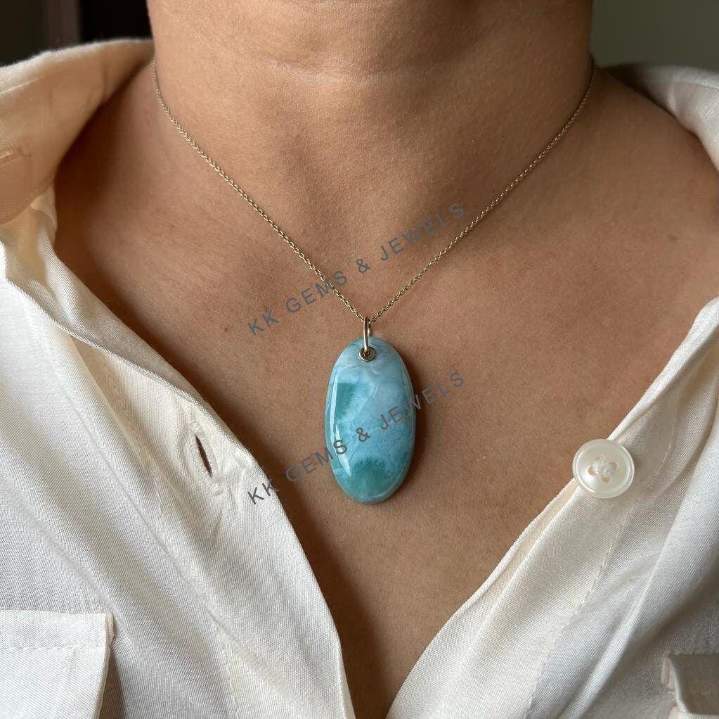 Natural Larimar Pendant: 14K Solid Yellow Gold, March Birthstone