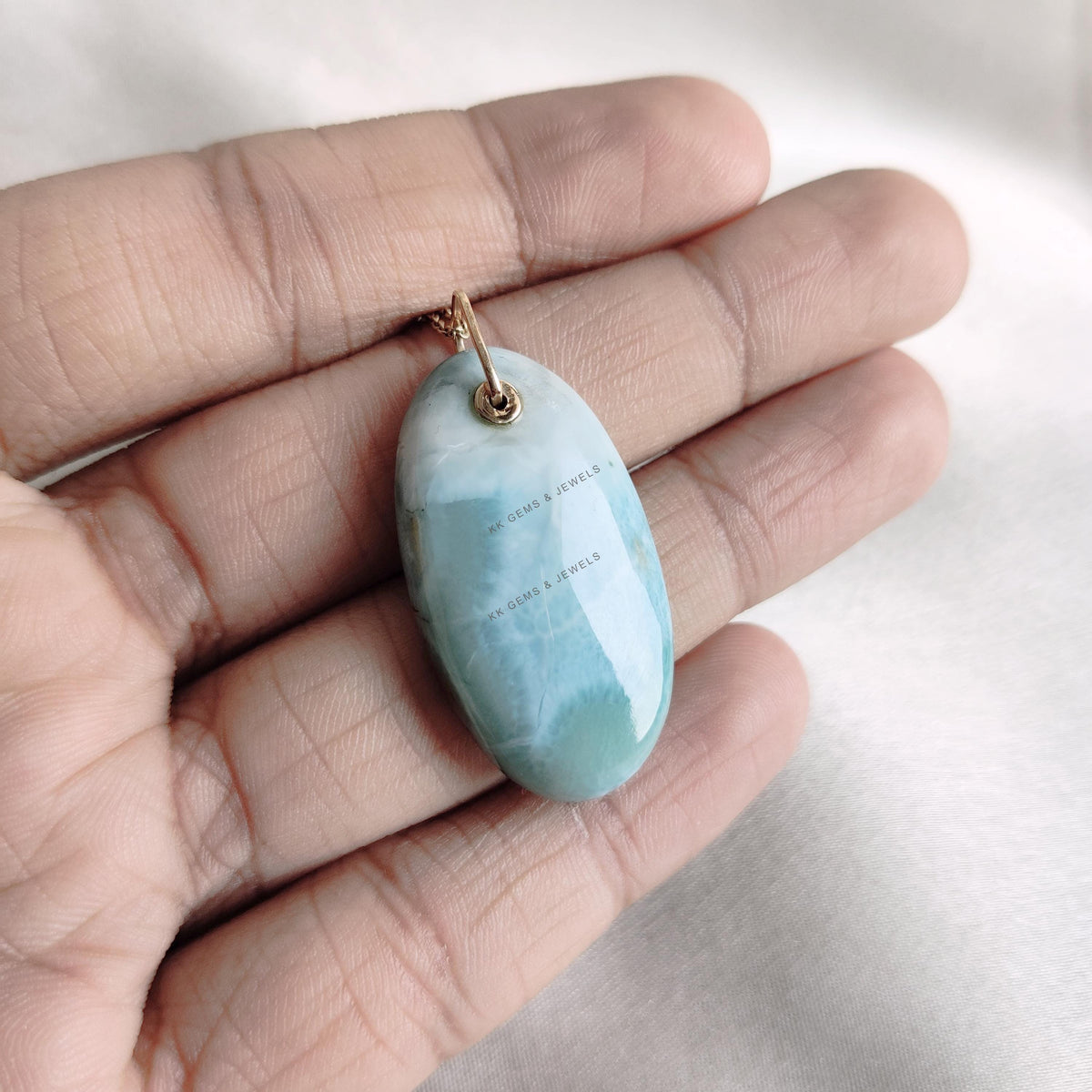 Natural Larimar Pendant: 14K Solid Yellow Gold, March Birthstone
