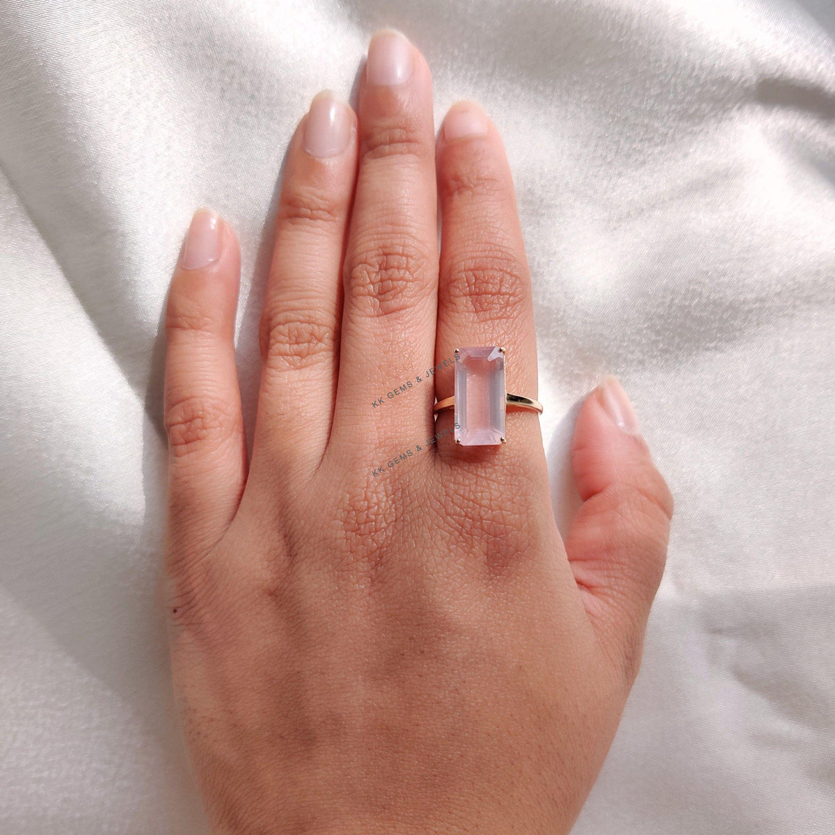 14K Solid Gold Natural Rose Quartz Ring: Octagon January Birthstone