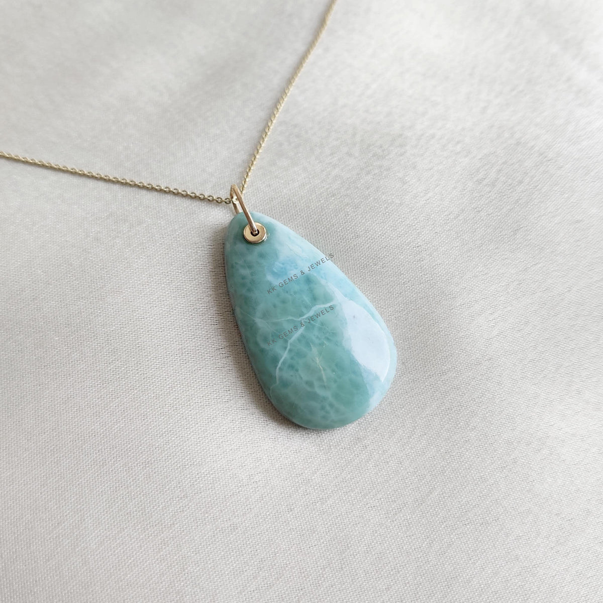Natural Pear Larimar Pendant: 14K Solid Yellow Gold Necklace, March Birthstone