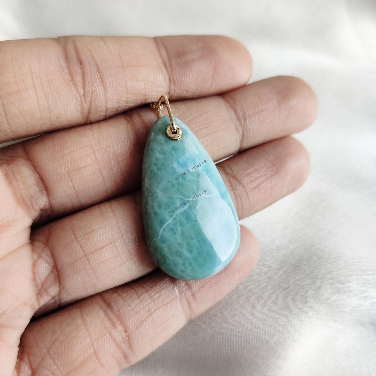 Natural Pear Larimar Pendant: 14K Solid Yellow Gold Necklace, March Birthstone