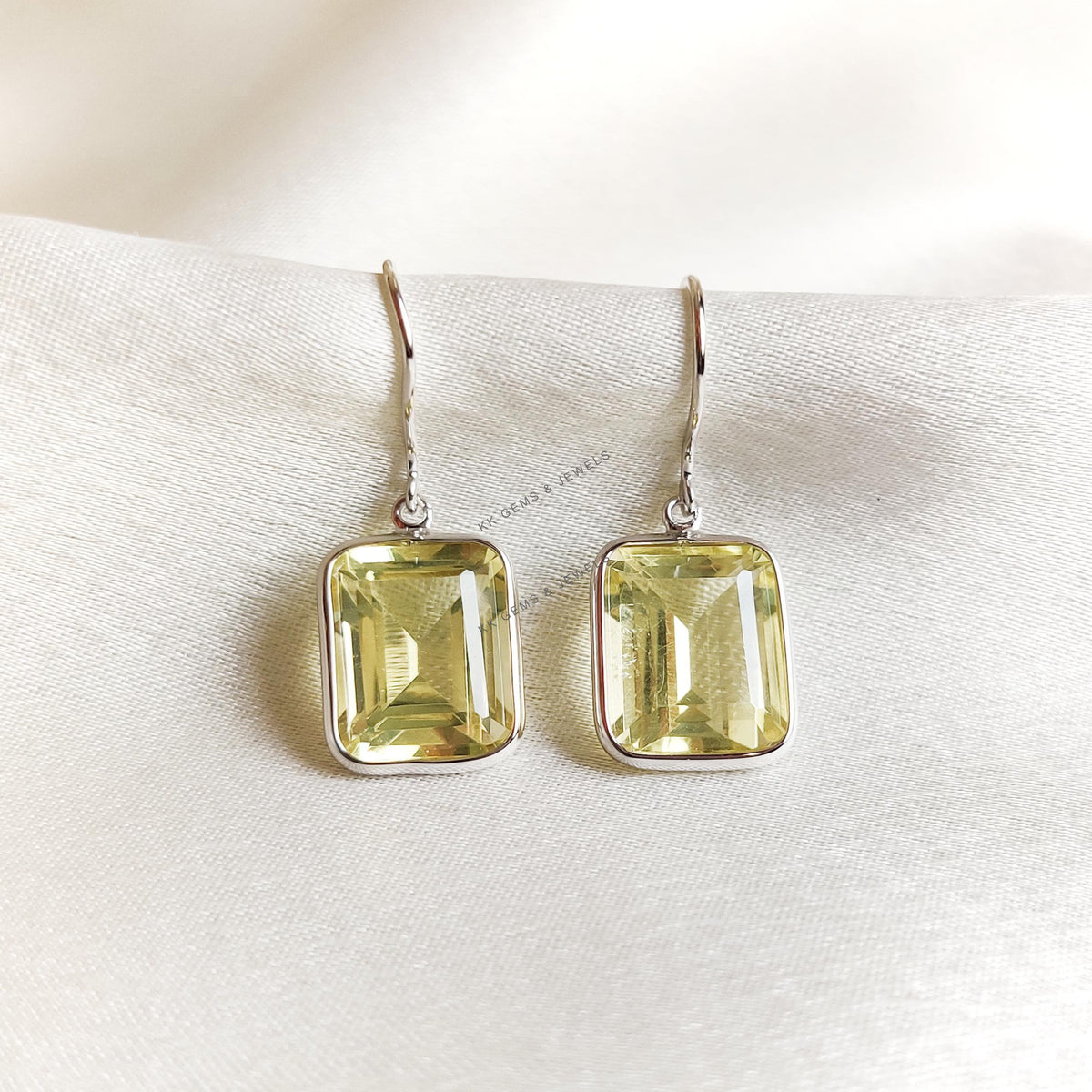 Natural Lemon Topaz Earrings, 14K Solid White Gold, November Birthstone