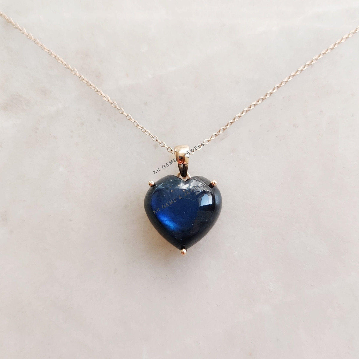 Natural Labradorite Heart Pendant: 14K Solid Yellow Gold August Birthstone