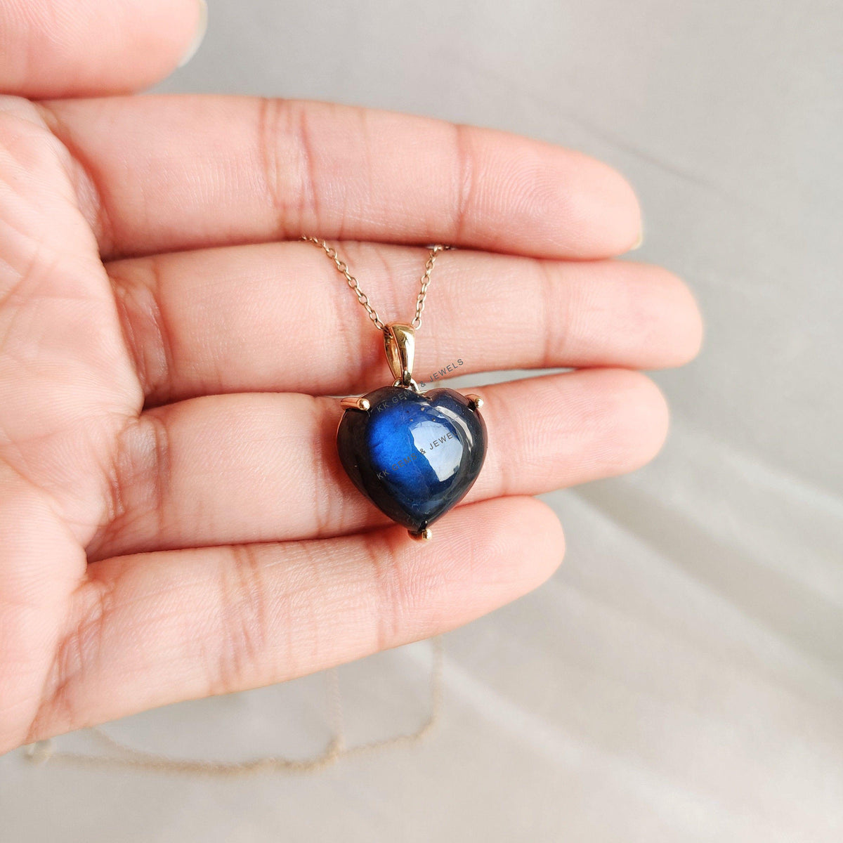 Natural Labradorite Heart Pendant: 14K Solid Yellow Gold August Birthstone