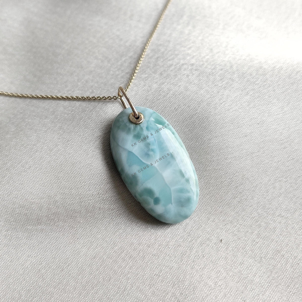 14K Solid Yellow Gold Natural Larimar Pendant: Oval Gemstone Necklace