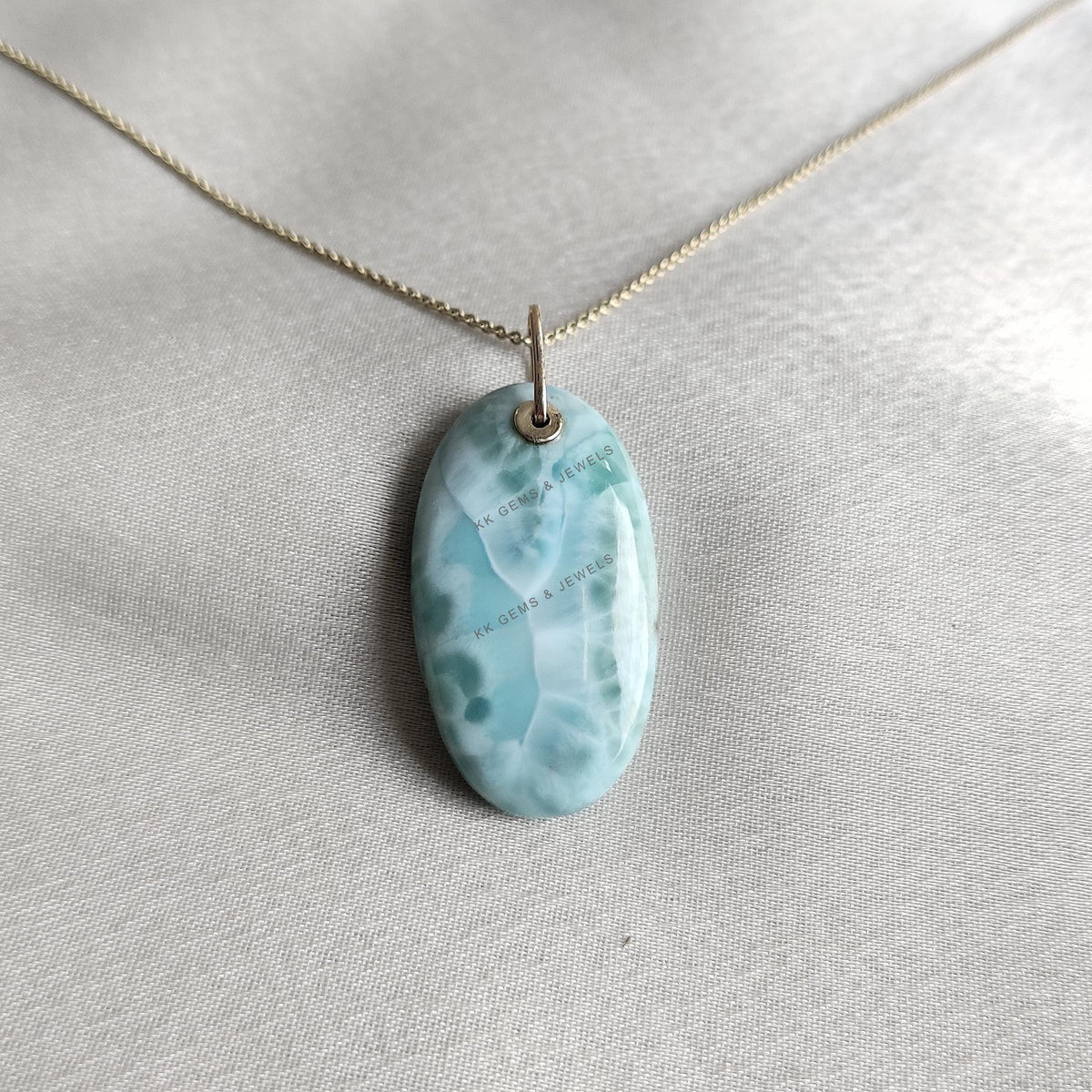14K Solid Yellow Gold Natural Larimar Pendant: Oval Gemstone Necklace
