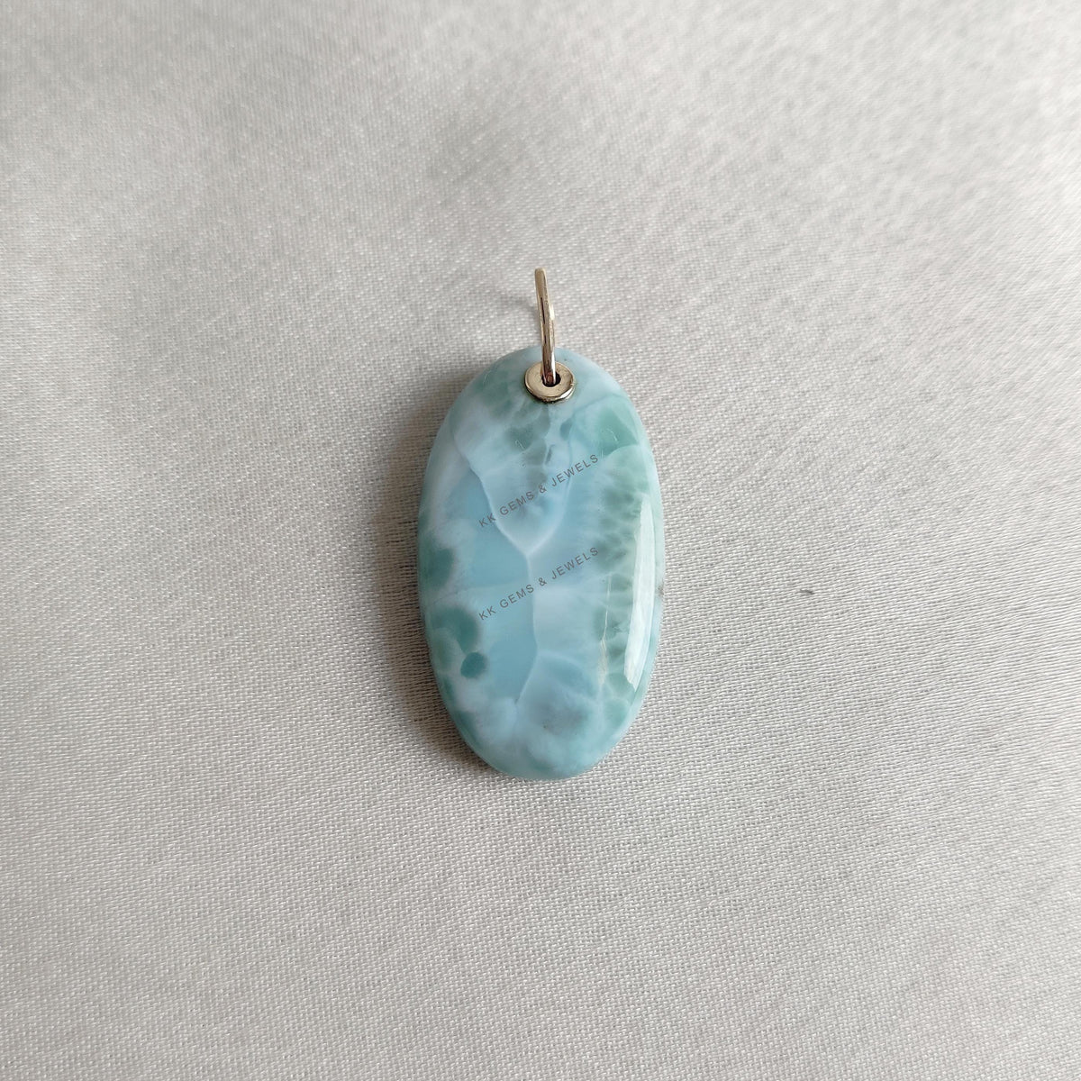 14K Solid Yellow Gold Natural Larimar Pendant: Oval Gemstone Necklace