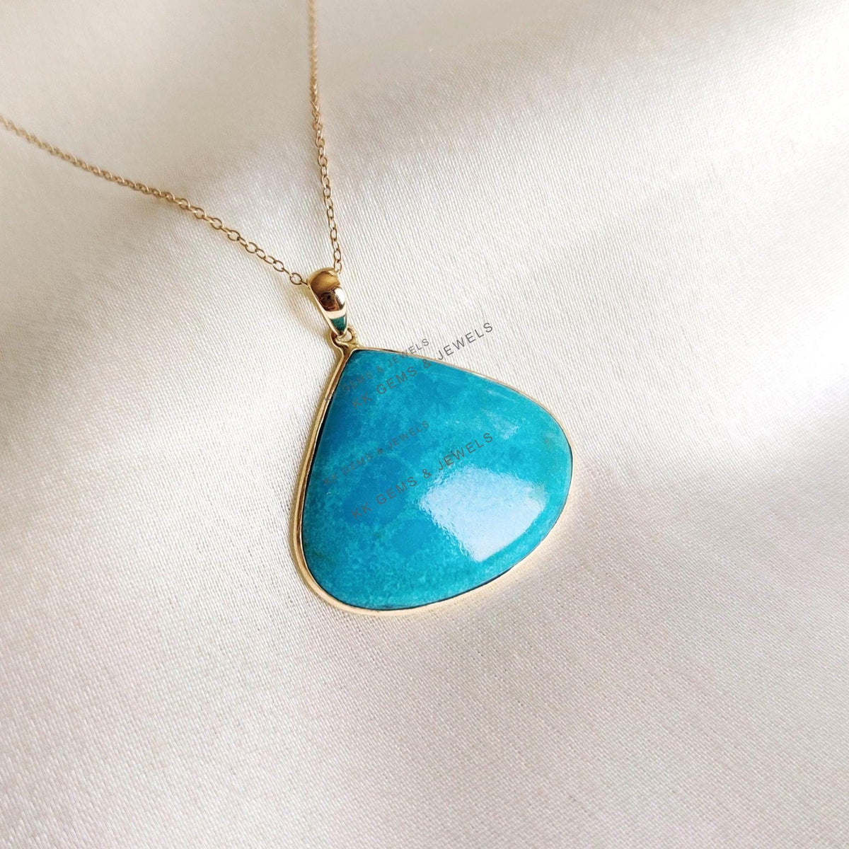 Natural Sleeping Beauty Turquoise Pendant, 14K Solid Yellow Gold, December Birthstone