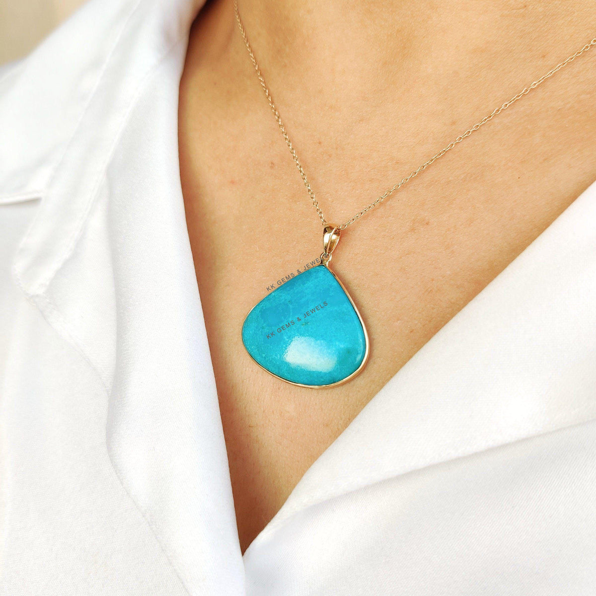 Natural Sleeping Beauty Turquoise Pendant, 14K Solid Yellow Gold, December Birthstone