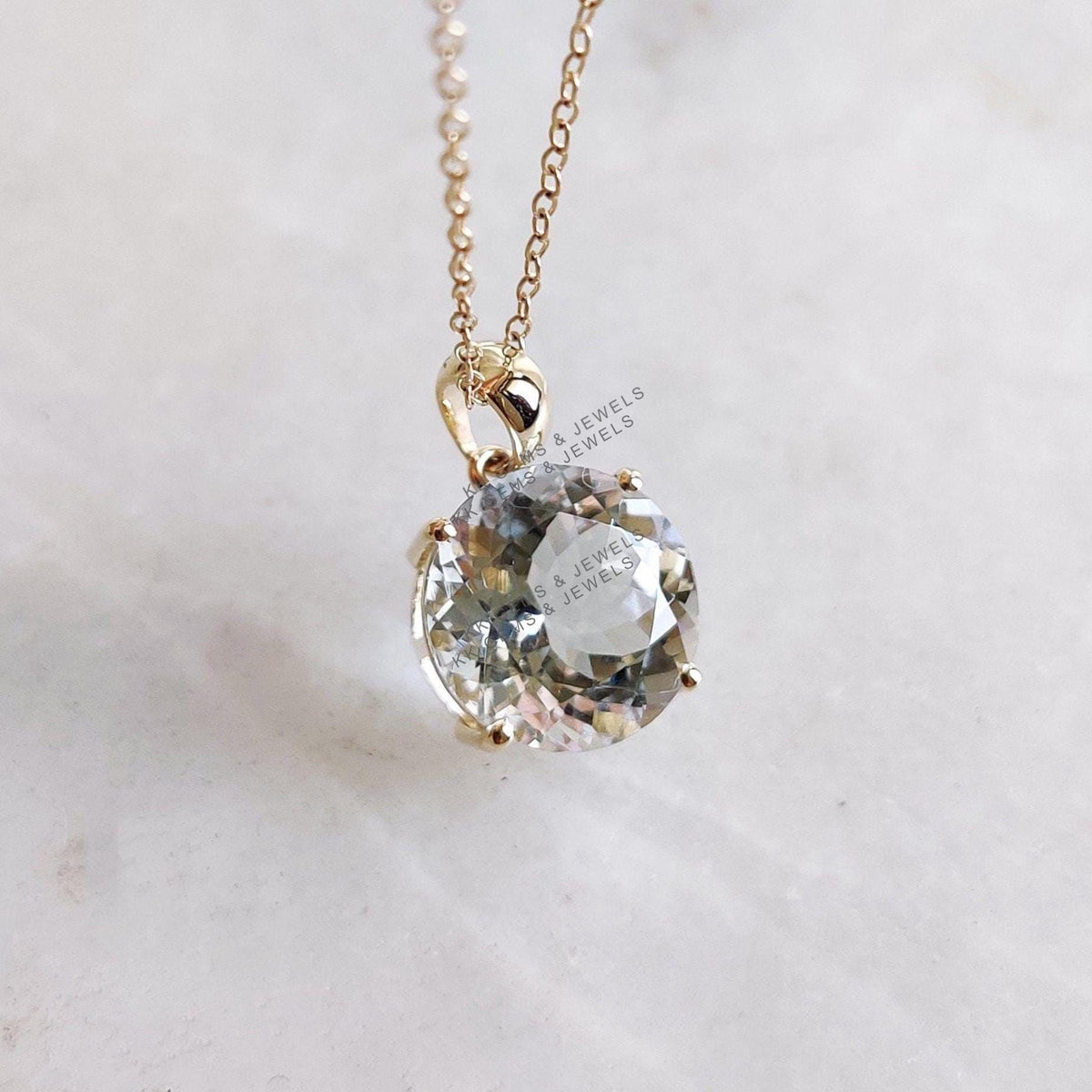14K Solid Yellow Gold Natural Aquamarine Pendant - Round Cut, March Birthstone