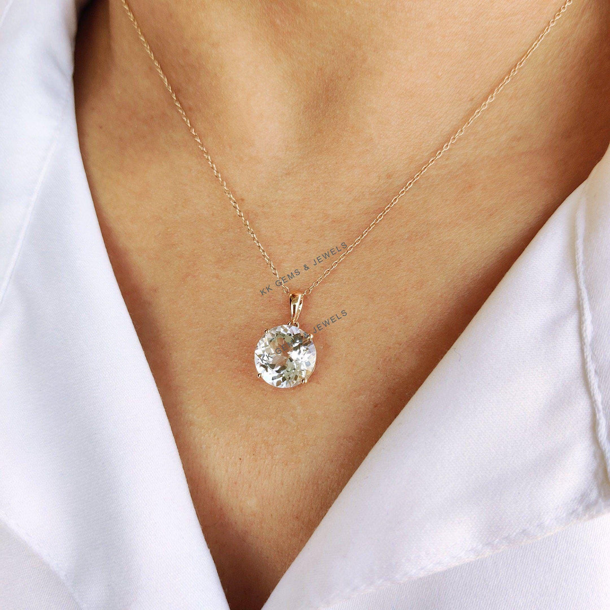 14K Solid Yellow Gold Natural Aquamarine Pendant - Round Cut, March Birthstone