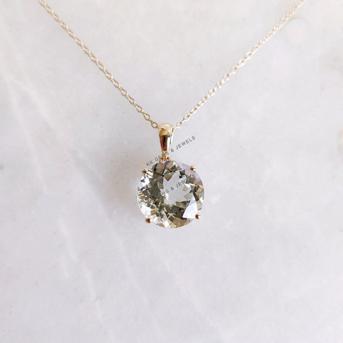 14K Solid Yellow Gold Natural Aquamarine Pendant - Round Cut, March Birthstone