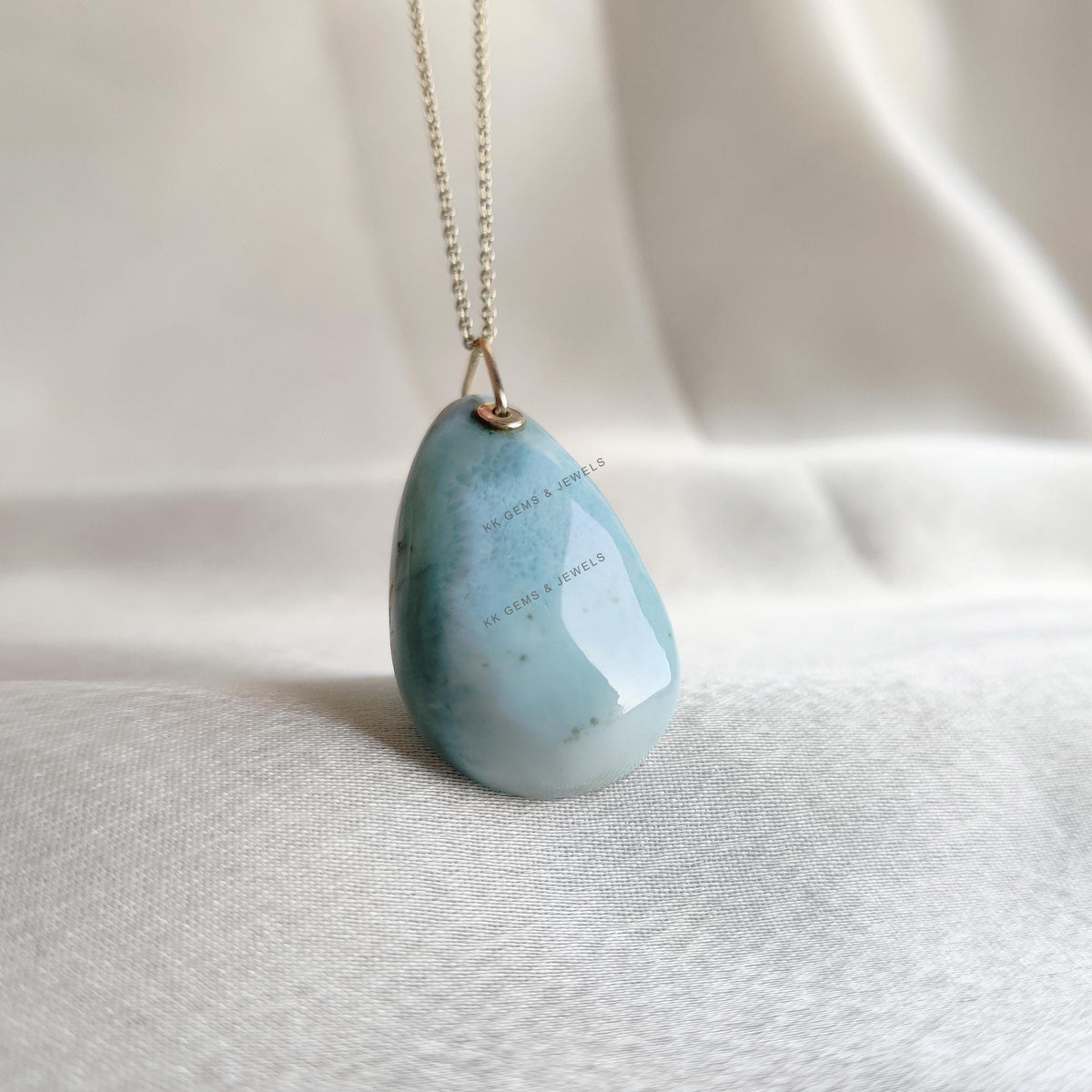 Natural Pear Larimar Pendant: 14K Solid Yellow Gold, March Birthstone