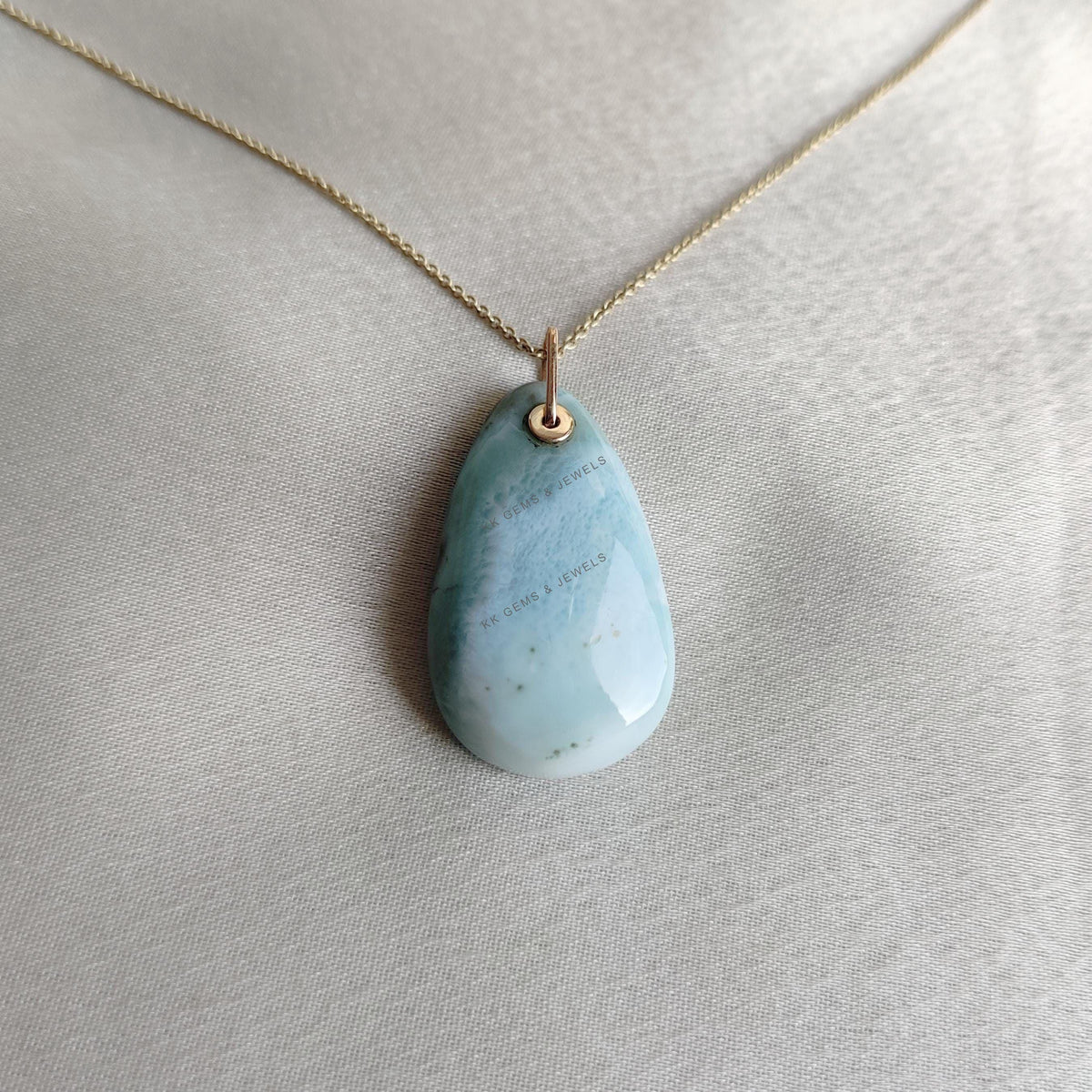 Natural Pear Larimar Pendant: 14K Solid Yellow Gold, March Birthstone