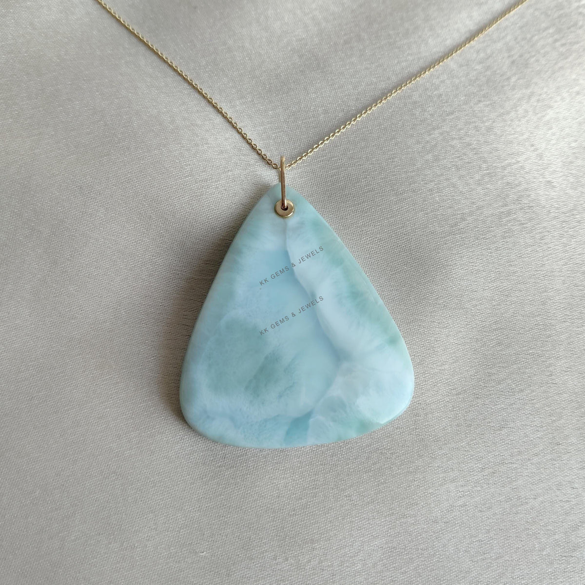 Natural Larimar Trillion Pendant: 14K Solid Yellow Gold, March Birthstone