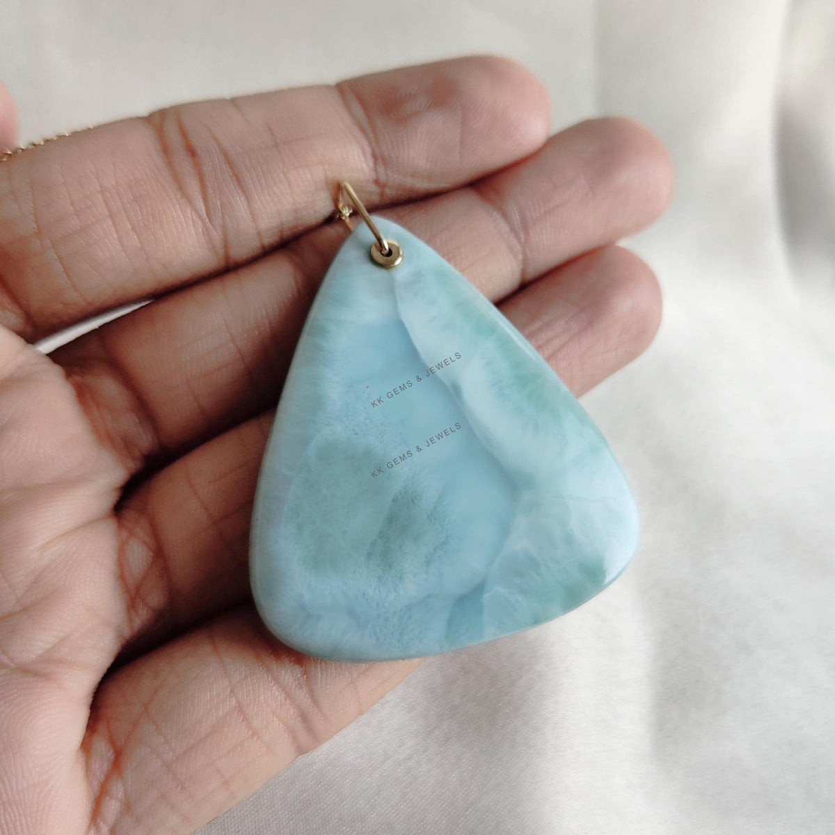 Natural Larimar Trillion Pendant: 14K Solid Yellow Gold, March Birthstone