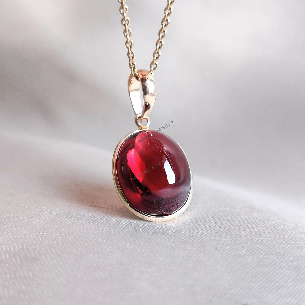 Oval Natural Garnet Bezel Pendant, 14K Solid Yellow Gold, January Birthstone