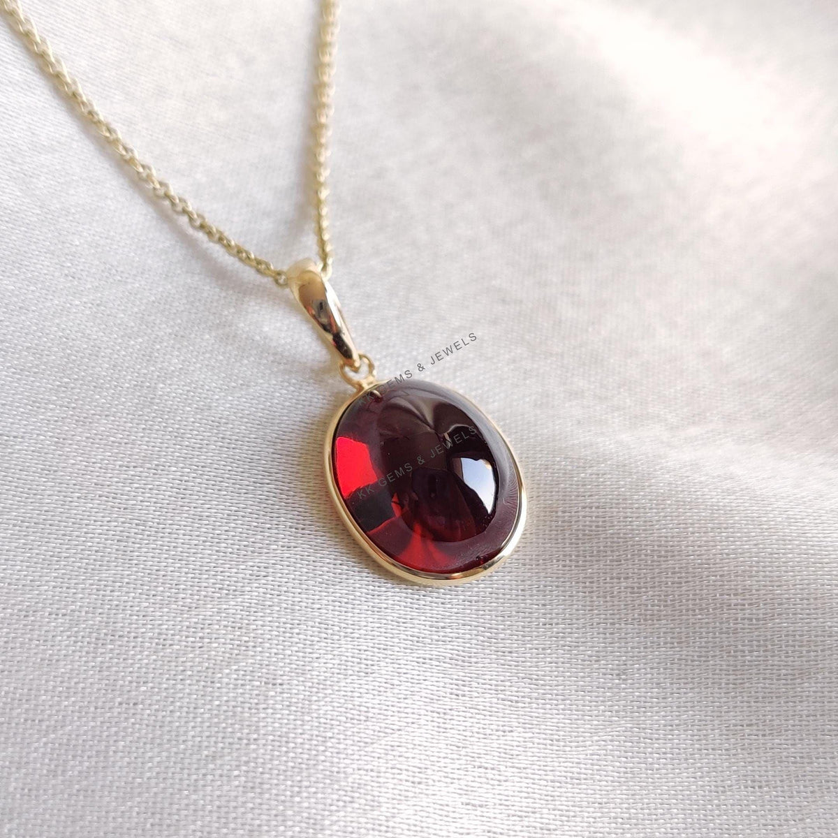 Oval Natural Garnet Bezel Pendant, 14K Solid Yellow Gold, January Birthstone