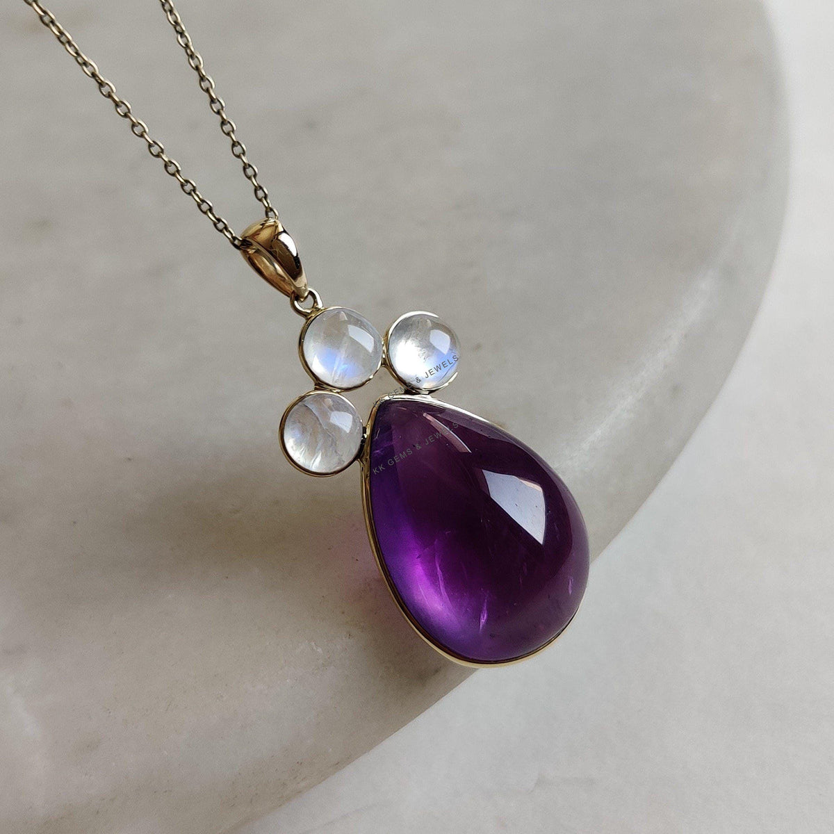14K Solid Yellow Gold Natural Purple Amethyst & Rainbow Moonstone Pendant, February Birthstone